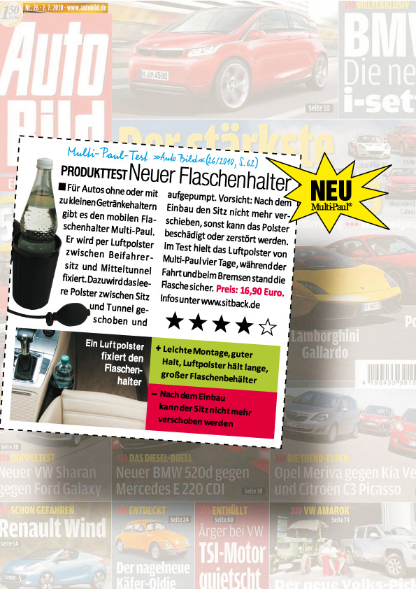 Auto-Bild-Produkttest des Multi-Paul Flaschenhalters: Magazinausschnitt mit 4 von 5 Sternen und Foto des Flaschenhalters, der eine 1,5-Liter-Flasche zwischen Beifahrersitz und Mittelkonsole hält.