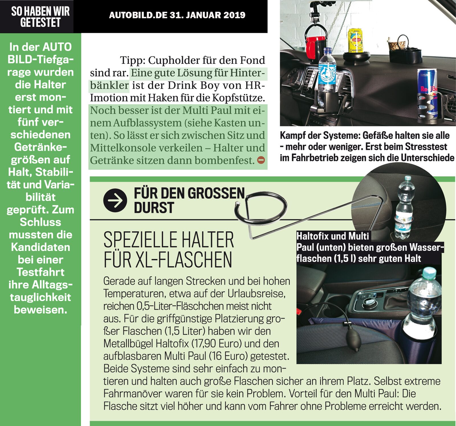 Autobild.de-Test vom 31. Januar 2019: Multi-Paul Flaschenhalter im Vergleich, hält 1,5-Liter-Wasserflaschen sicher zwischen Autositz und Mittelkonsole.